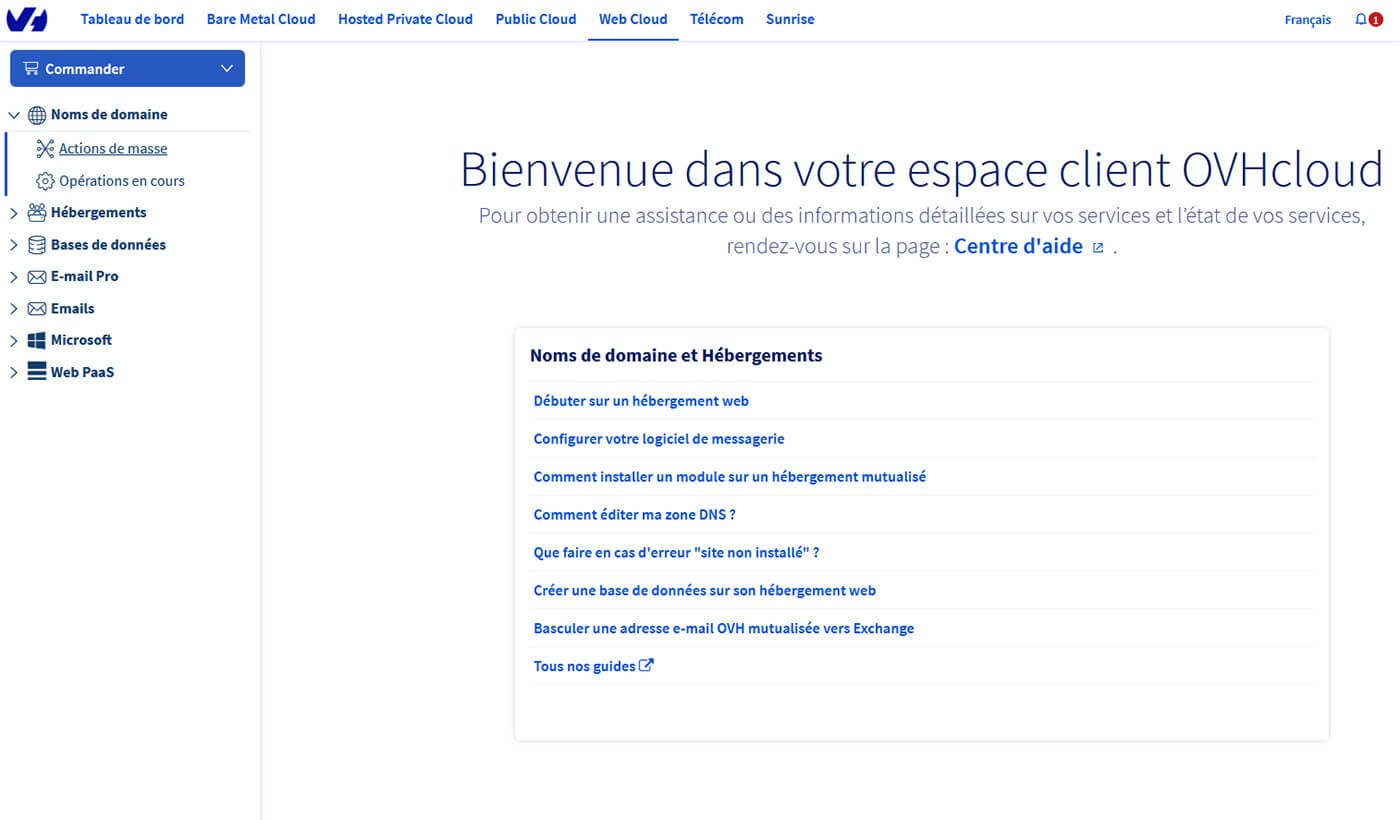 Interface Espace client OVH
